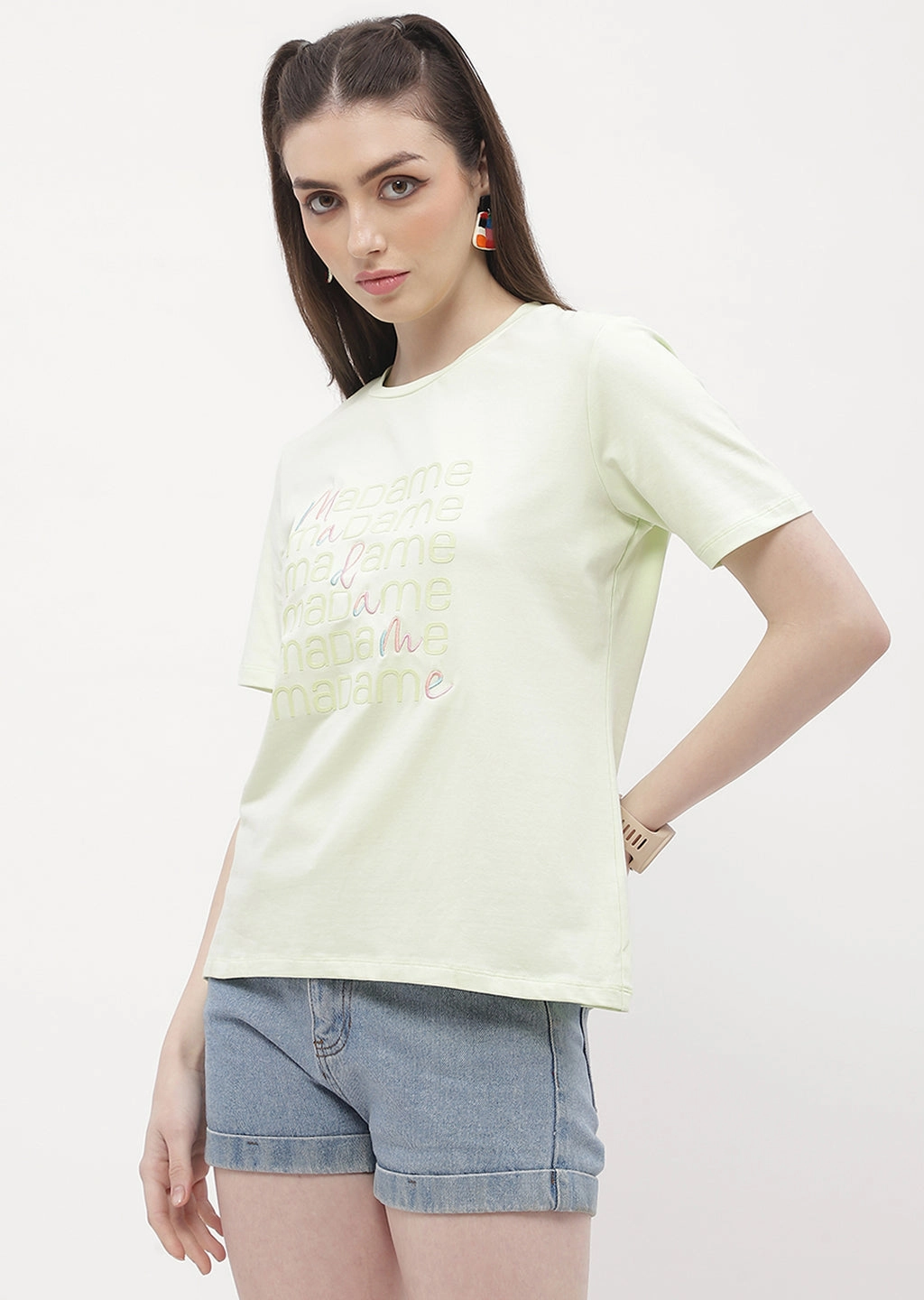 Polka Dot Pattern Madame Logo Print Neon Green Regular T-Shirt