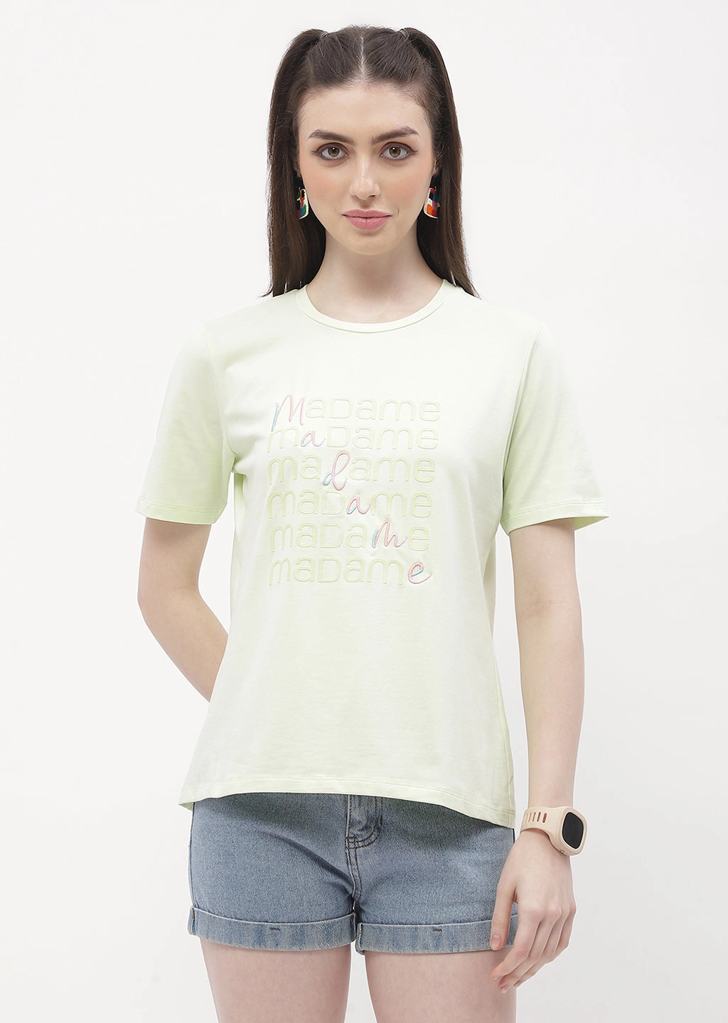 Relaxed fit style Fashionable Look Madame Logo Print Neon Green Regular T-Shirt