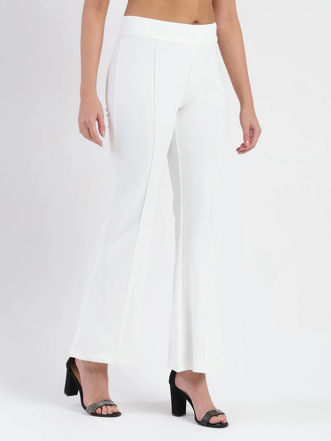Madame Side Zipper Flared White Knitted Moss Trousers tailored look Breathable Style