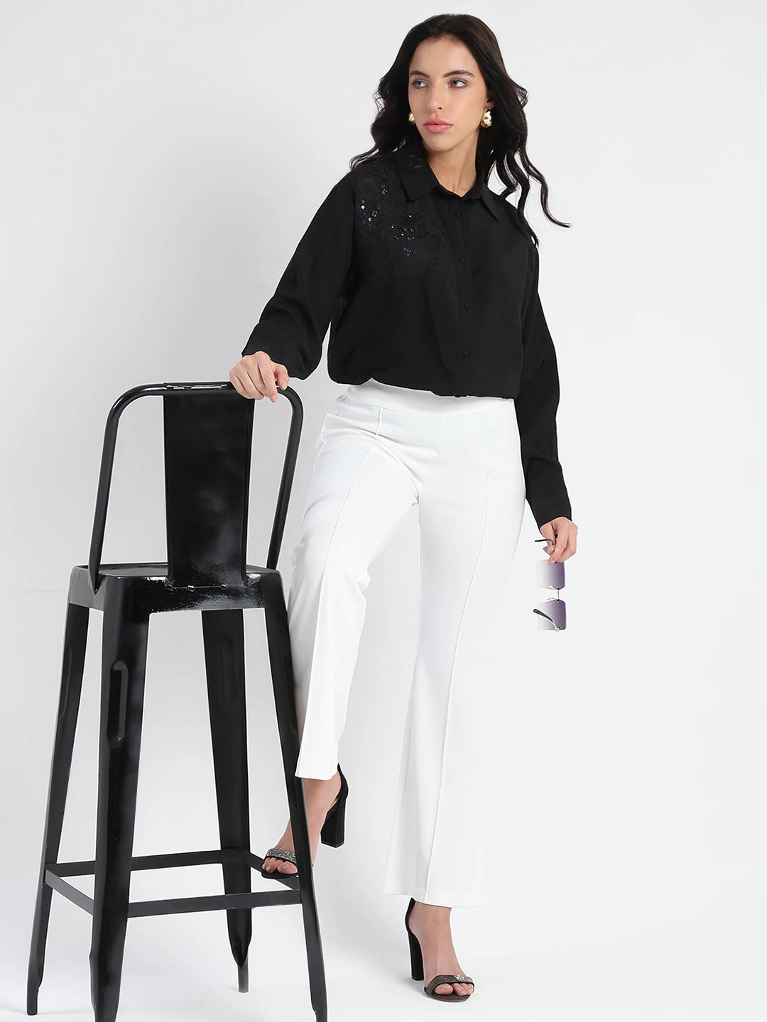 FadeResistantTreatment Madame Side Zipper Flared White Knitted Moss Trousers