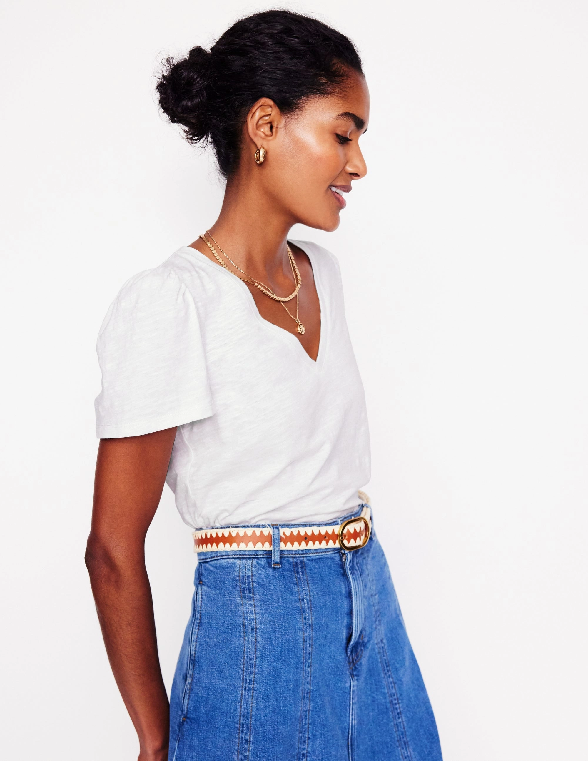 Short Sleeve V Neck T-shirt-White WrinkleFree Weaving Recycled Polyester