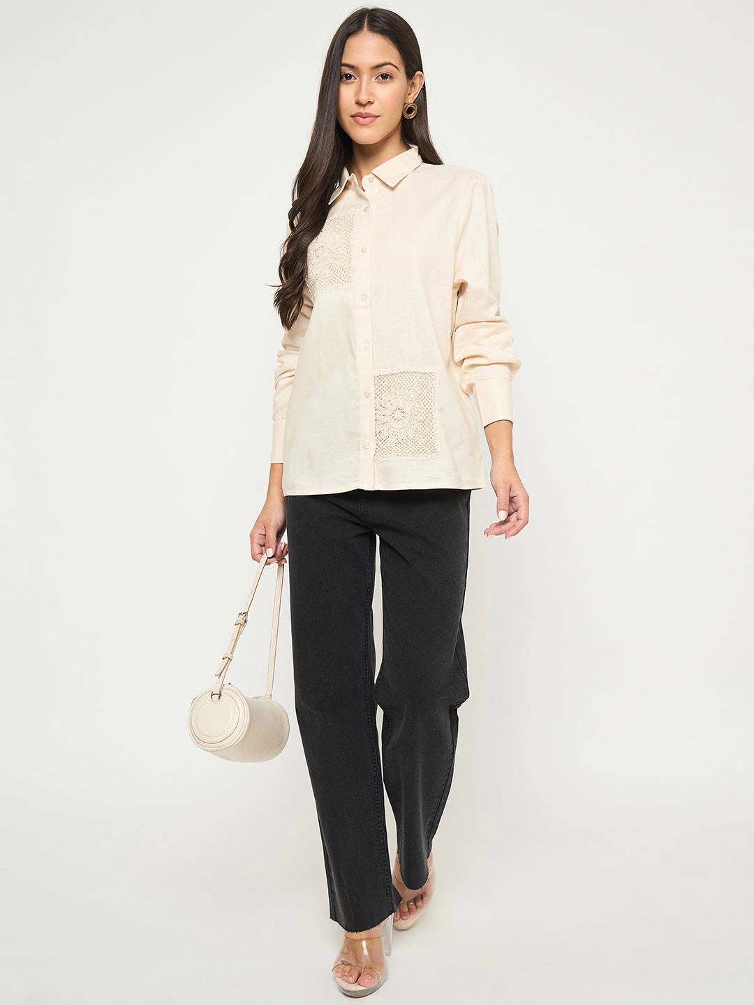 Lightweight texture Stylish Design Madame Patchwork and Lace Detailed Beige Cotton Shirt
