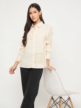 Madame Patchwork and Lace Detailed Beige Cotton Shirt quick dry