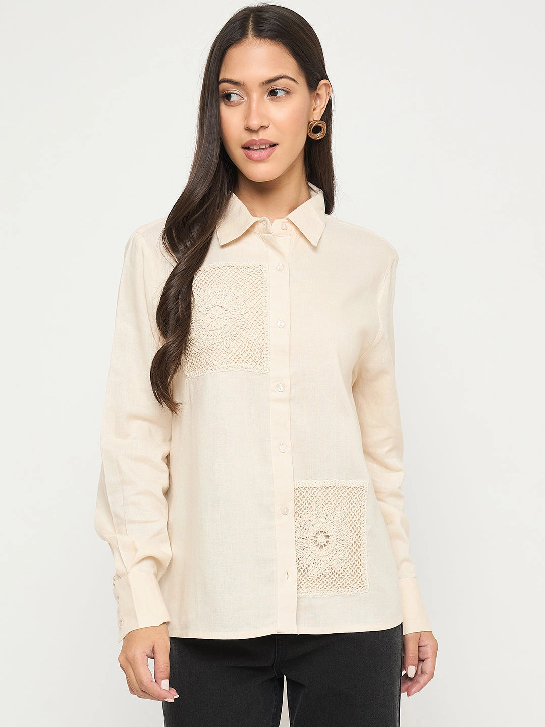 Madame Patchwork and Lace Detailed Beige Cotton Shirt Luxury Feel Anti Pill Technology
