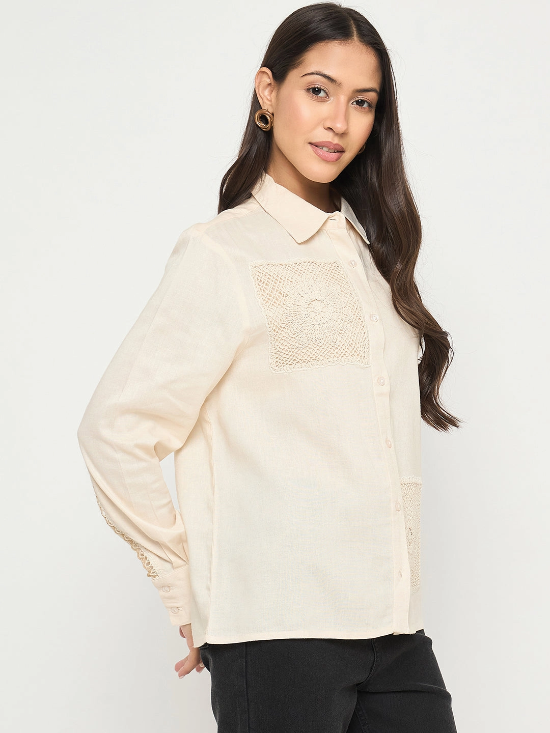 Madame Patchwork and Lace Detailed Beige Cotton Shirt Fashionable Comfort High Street Fashion