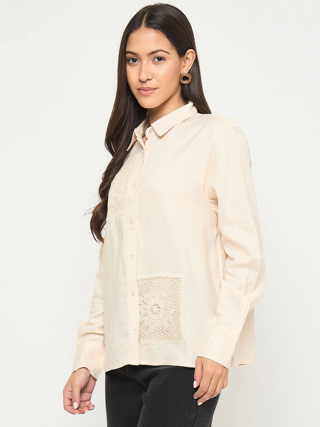 Microfiber Material Reinforced Seams Madame Patchwork and Lace Detailed Beige Cotton Shirt