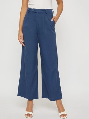 Madame Solid Navy Blue Rayon Blend Gurkha Trousers OdorResistant Loose cut