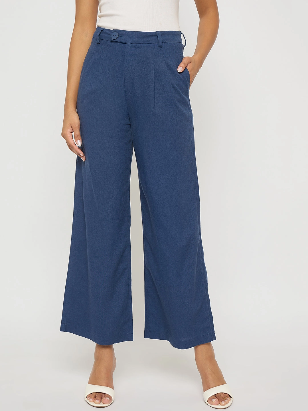 Madame Solid Navy Blue Rayon Blend Gurkha Trousers OdorResistant Loose cut