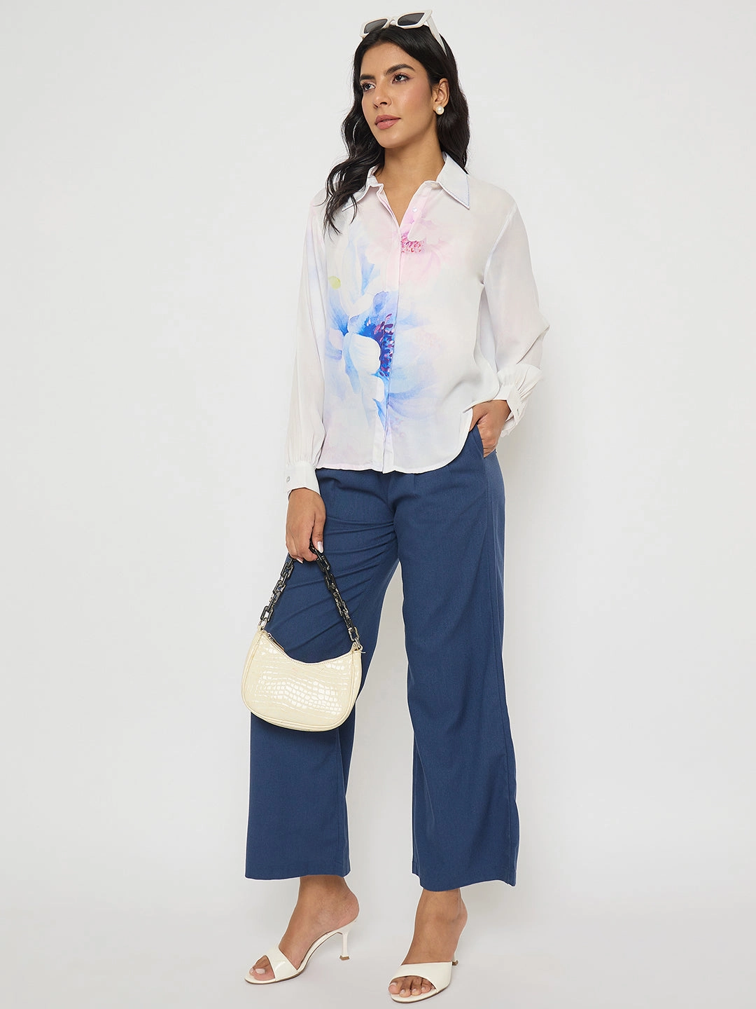 Minimalist Waist Madame Solid Navy Blue Rayon Blend Gurkha Trousers