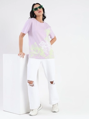 Madame Graphic Print Cord Detailed Lilac Sinker T-Shirt anniversary Flexible Waist