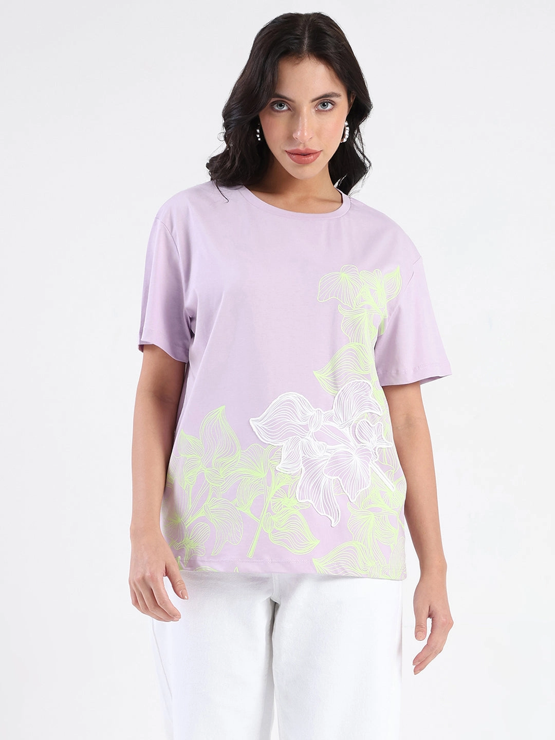 Rayon blend Madame Graphic Print Cord Detailed Lilac Sinker T-Shirt