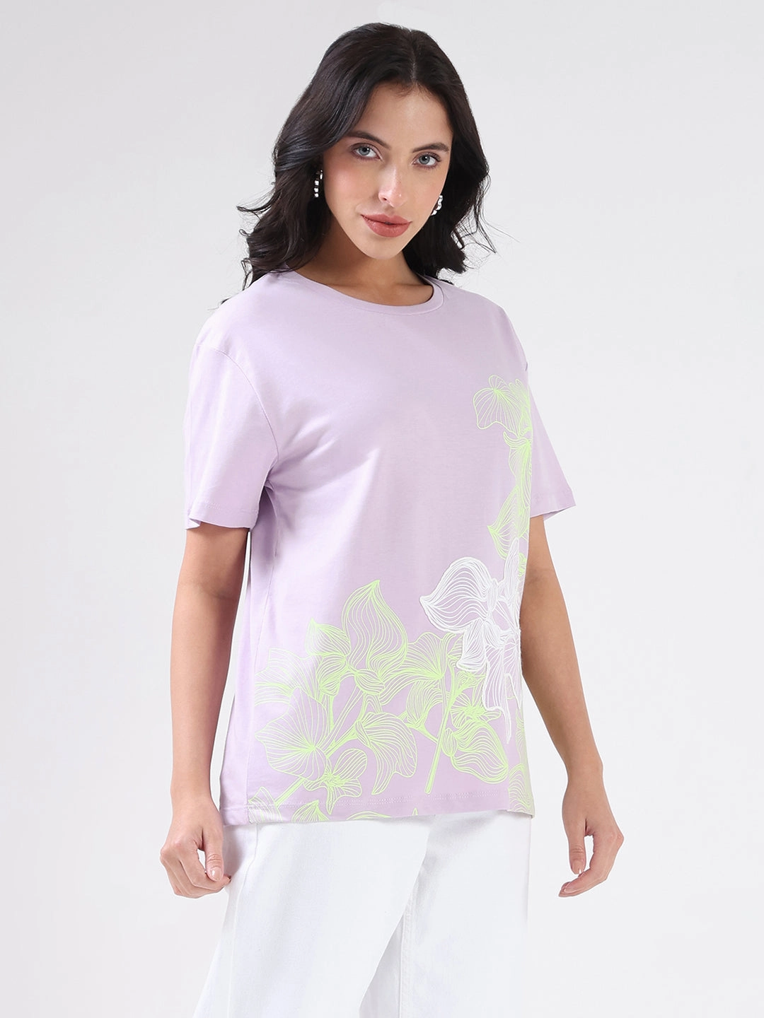 Chic Design Madame Graphic Print Cord Detailed Lilac Sinker T-Shirt