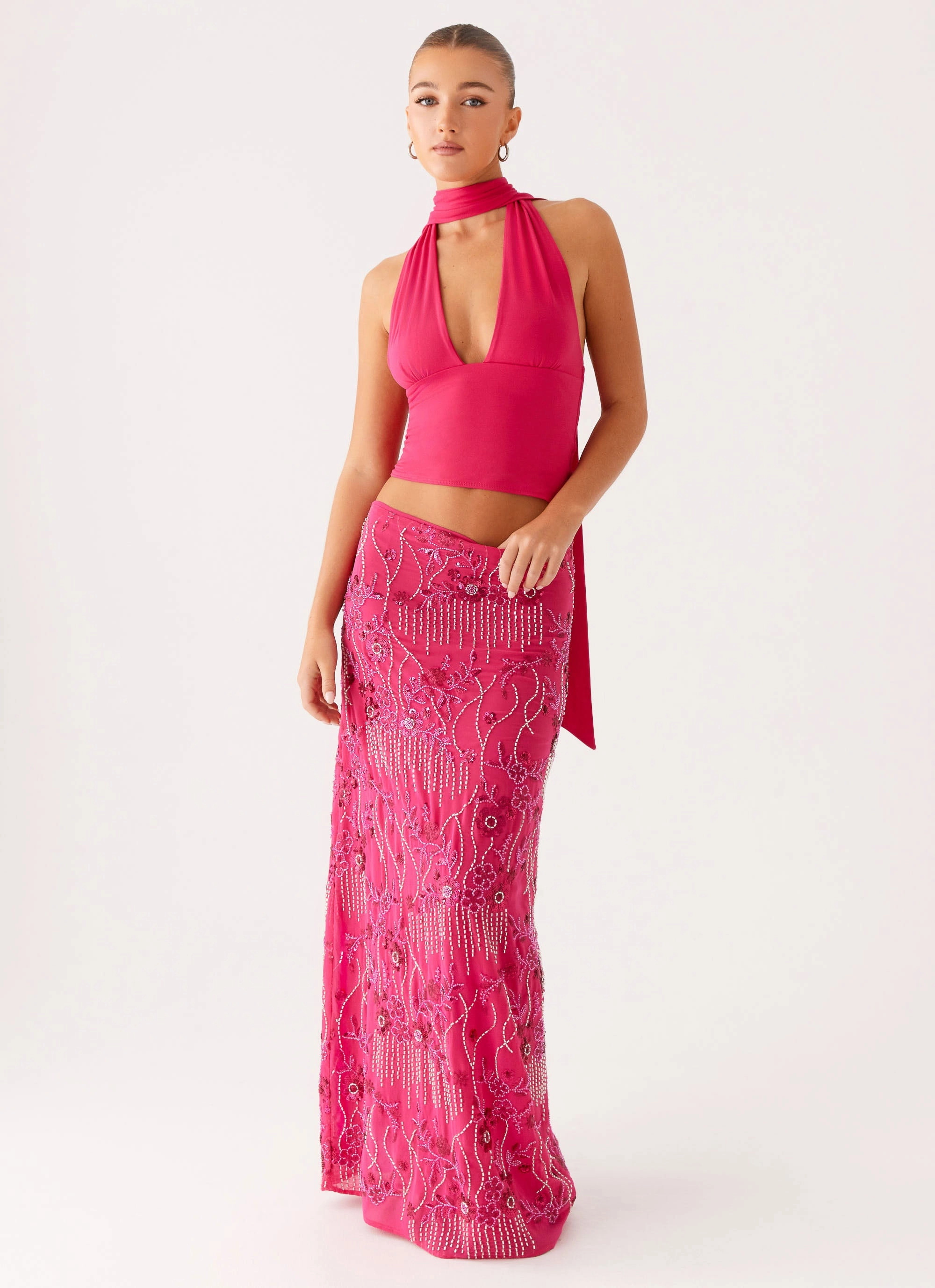 Crisp Finish Corinna Low Rise Sequin Maxi Skirt - Fuchsia