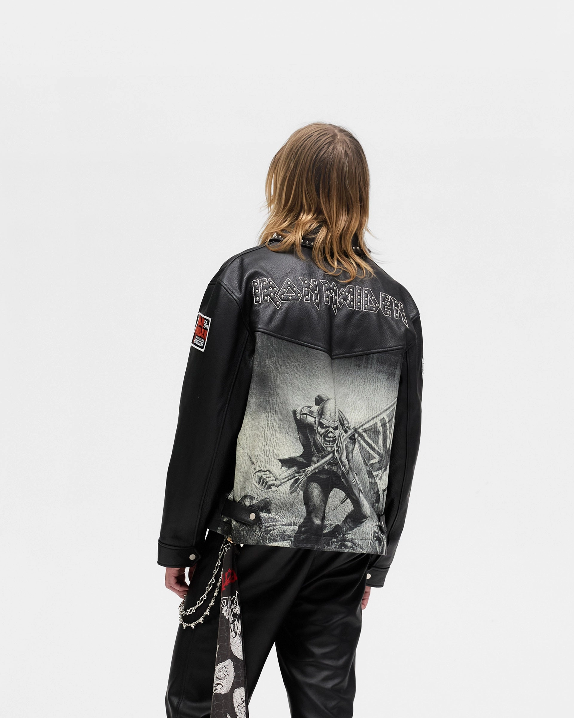 Sleek Outer Stretch Weave Fabric Represent X Iron Maiden Trooper Leather Jacket - Jet Black