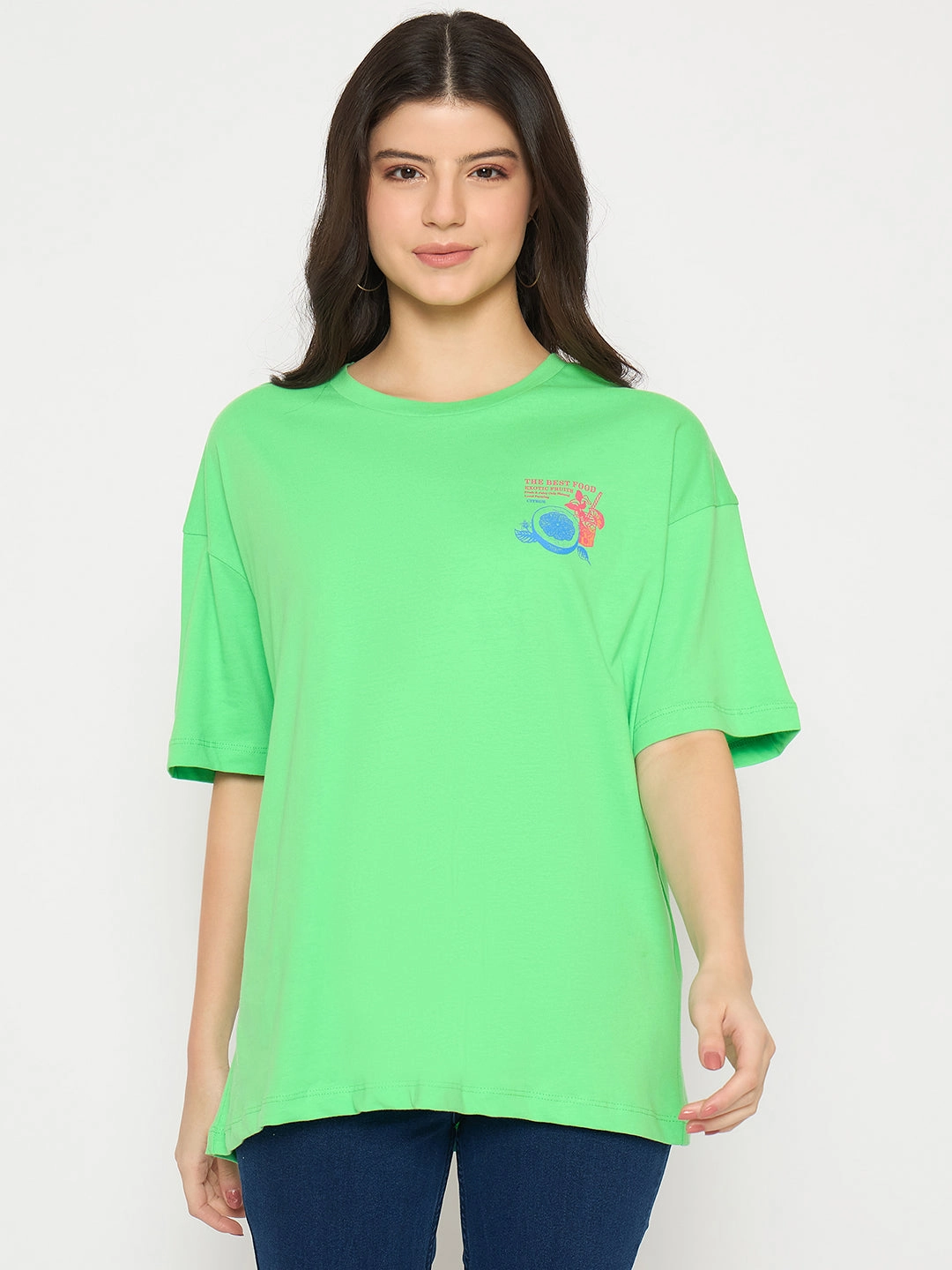 Casual Comfort Relax Fit Design Madame Print Detailing Round Neck Green Cotton T-shirt