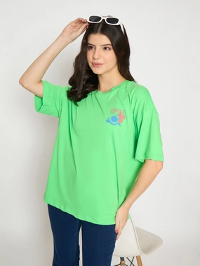 Versatile Layering Piece Silk combination Madame Print Detailing Round Neck Green Cotton T-shirt
