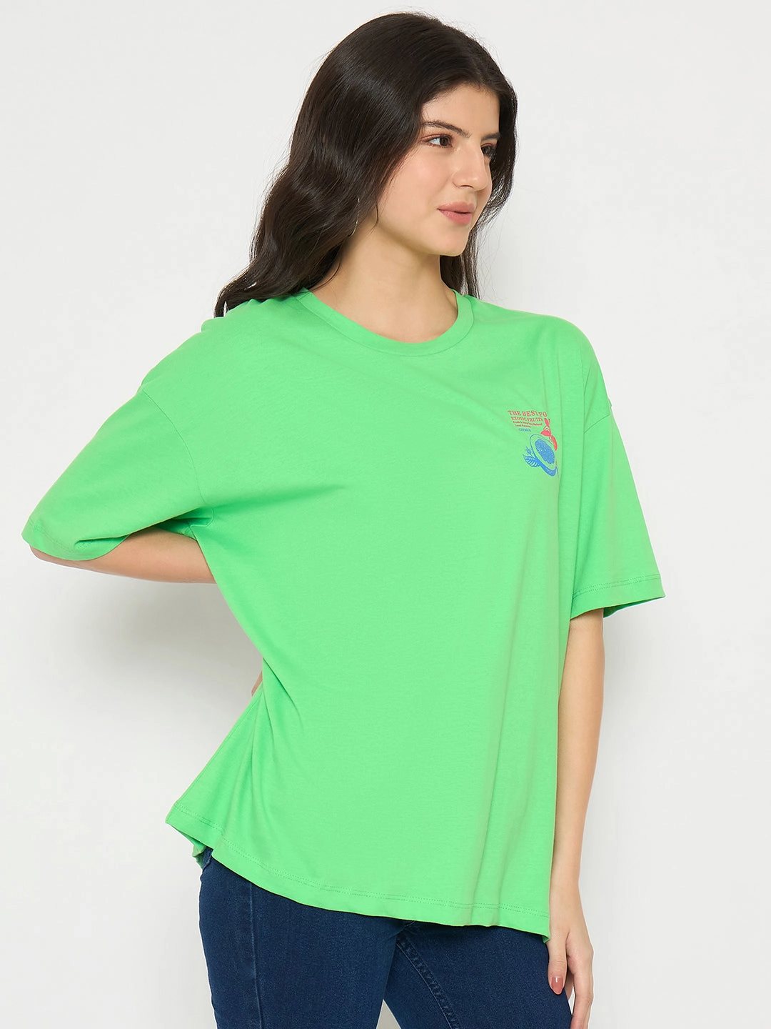 Eco Conscious Production Non Toxic Materials Madame Print Detailing Round Neck Green Cotton T-shirt