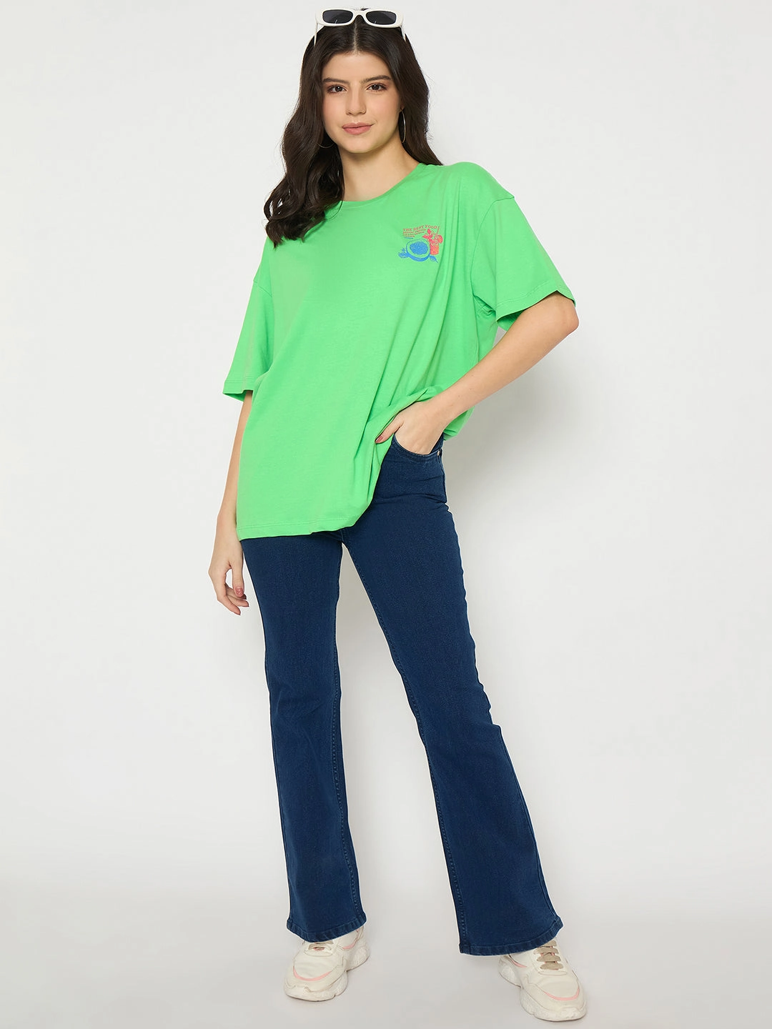 Casual Fit Madame Print Detailing Round Neck Green Cotton T-shirt