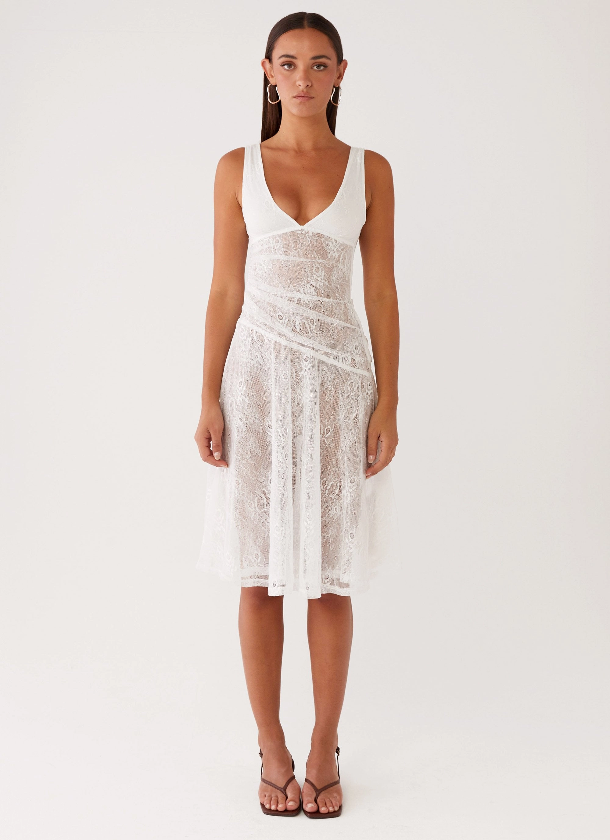 Crisp Silhouette Functional Layer Remember Me Lace Midi Dress - White