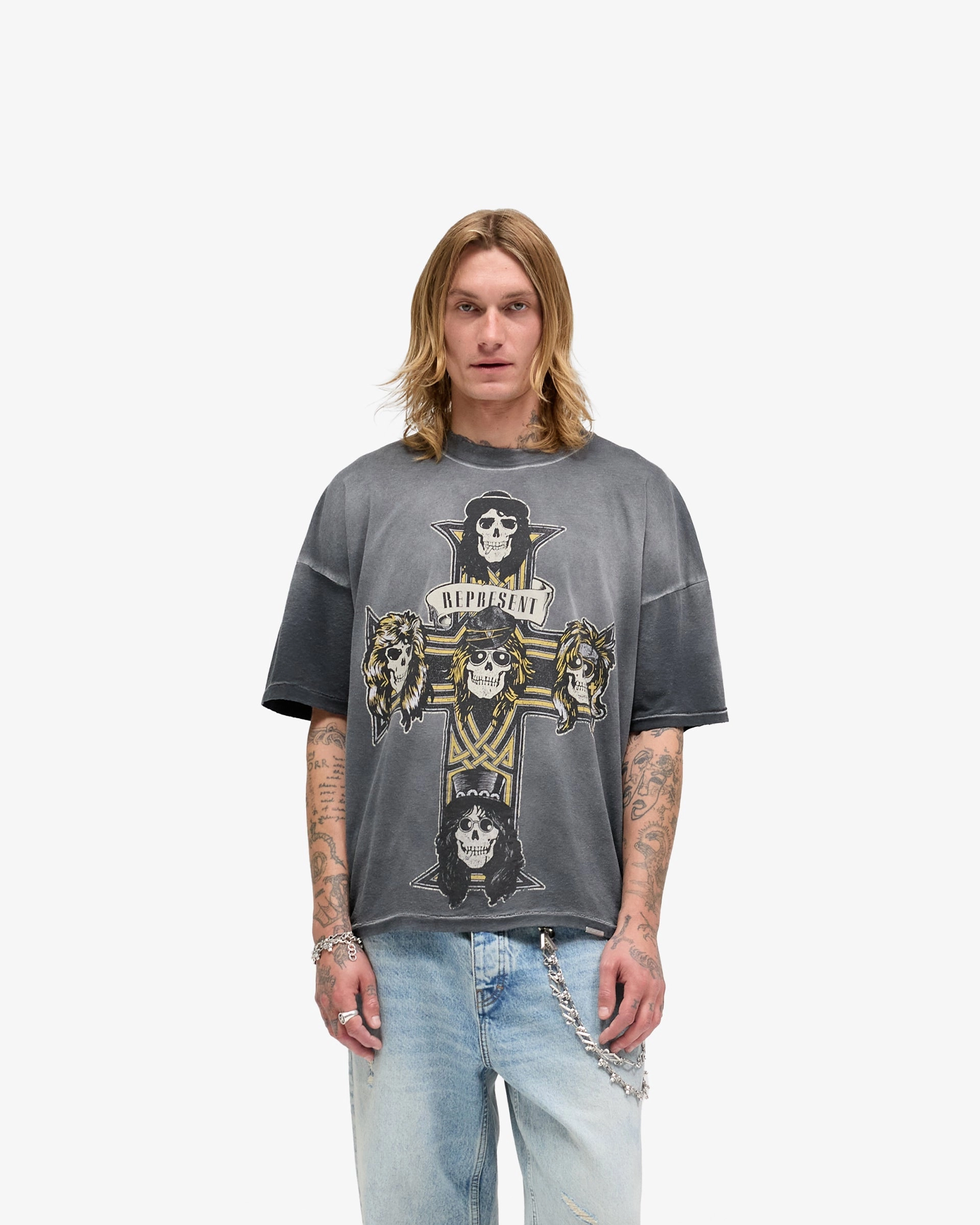 Sustainable Represent X Guns N' Roses Cross T-Shirt - Stained Black