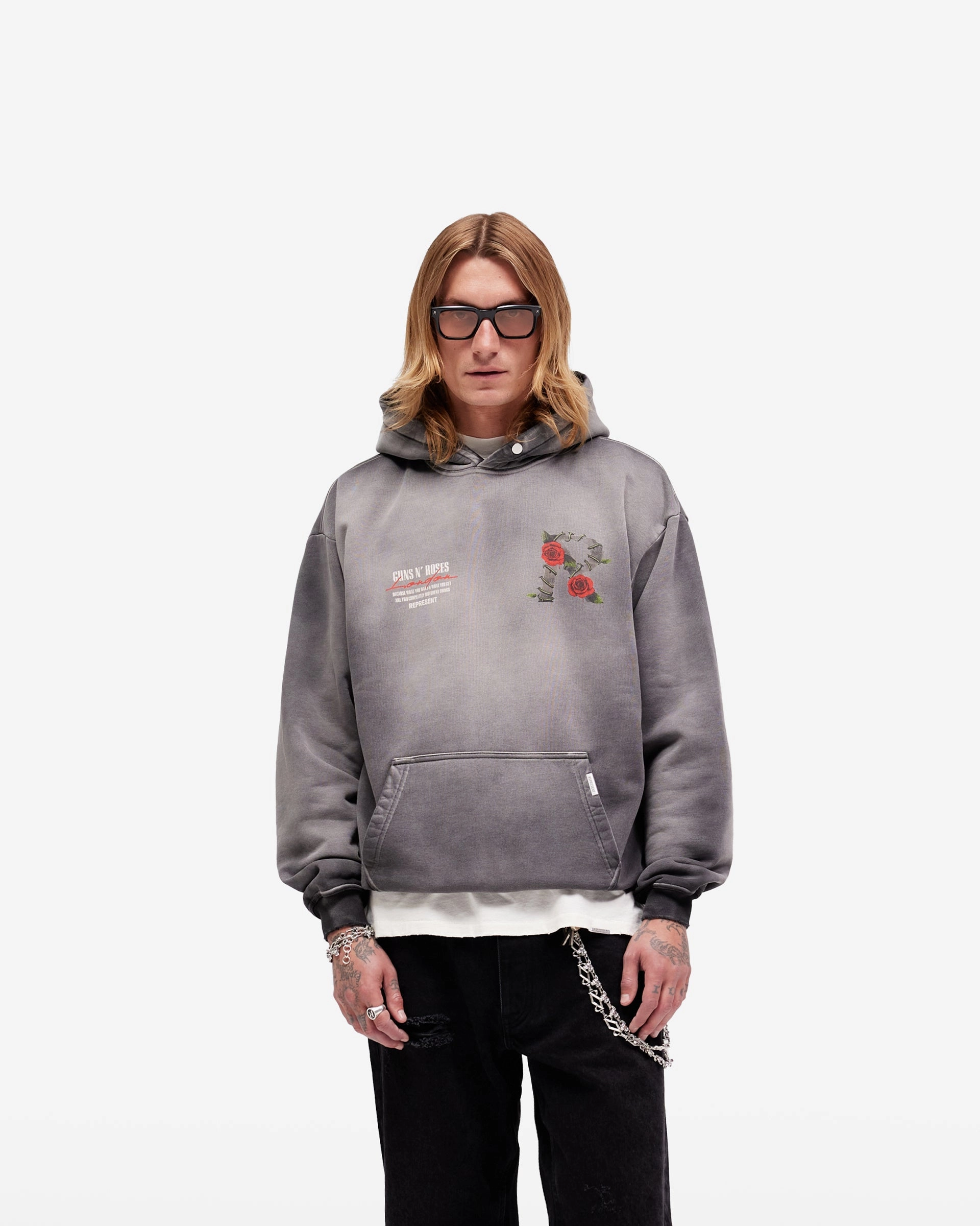 Non Irritating Seams Dynamic Fit Represent X Guns N' Roses Tour Hoodie - Stained Black