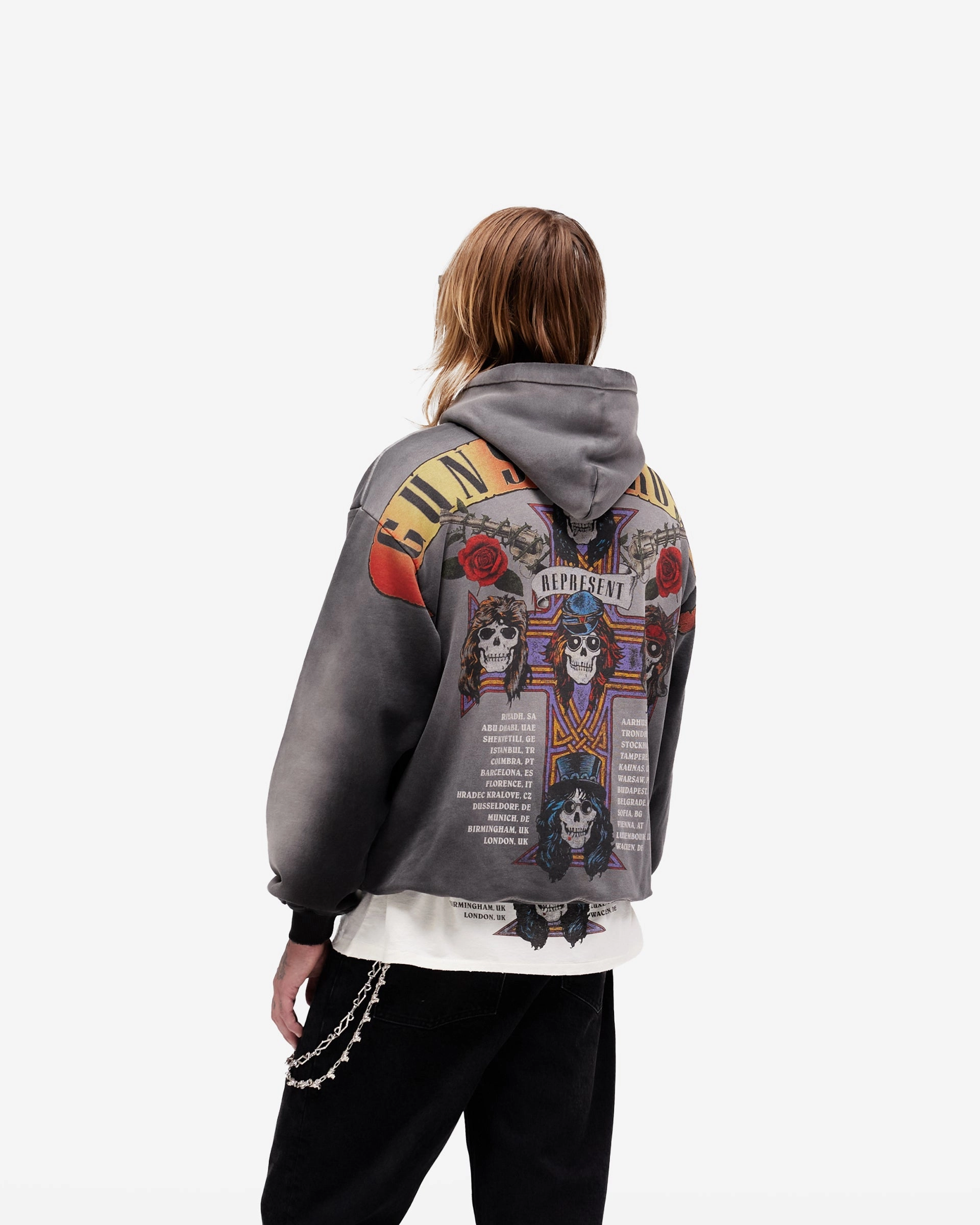 Represent X Guns N' Roses Tour Hoodie - Stained Black Cozy Style Button front