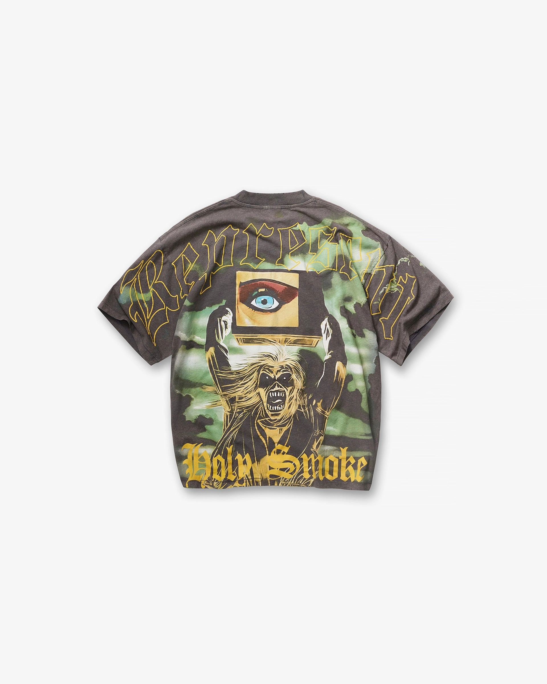 Represent X Iron Maiden Holy Smoke T-Shirt - Sunfade Grey monochromatic Cozy Waistband