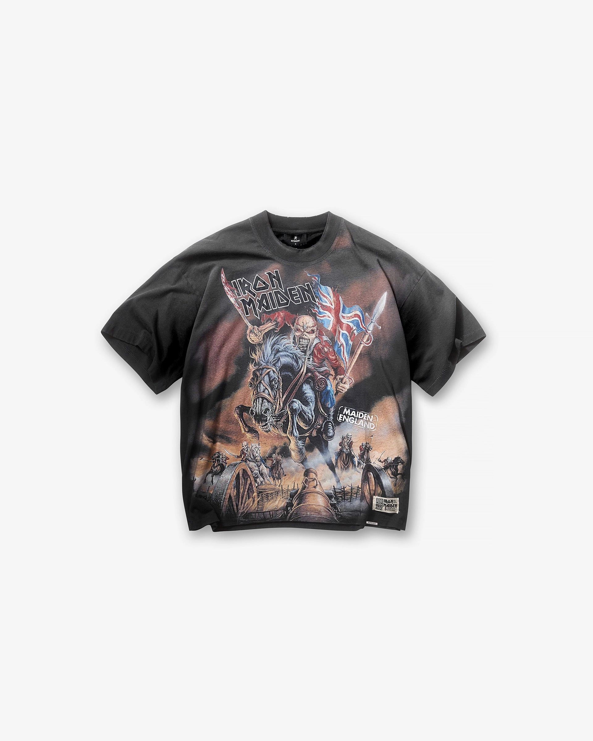Simple Comfort Look Roomy Design Represent X Iron Maiden Steed T-Shirt - Stained Black