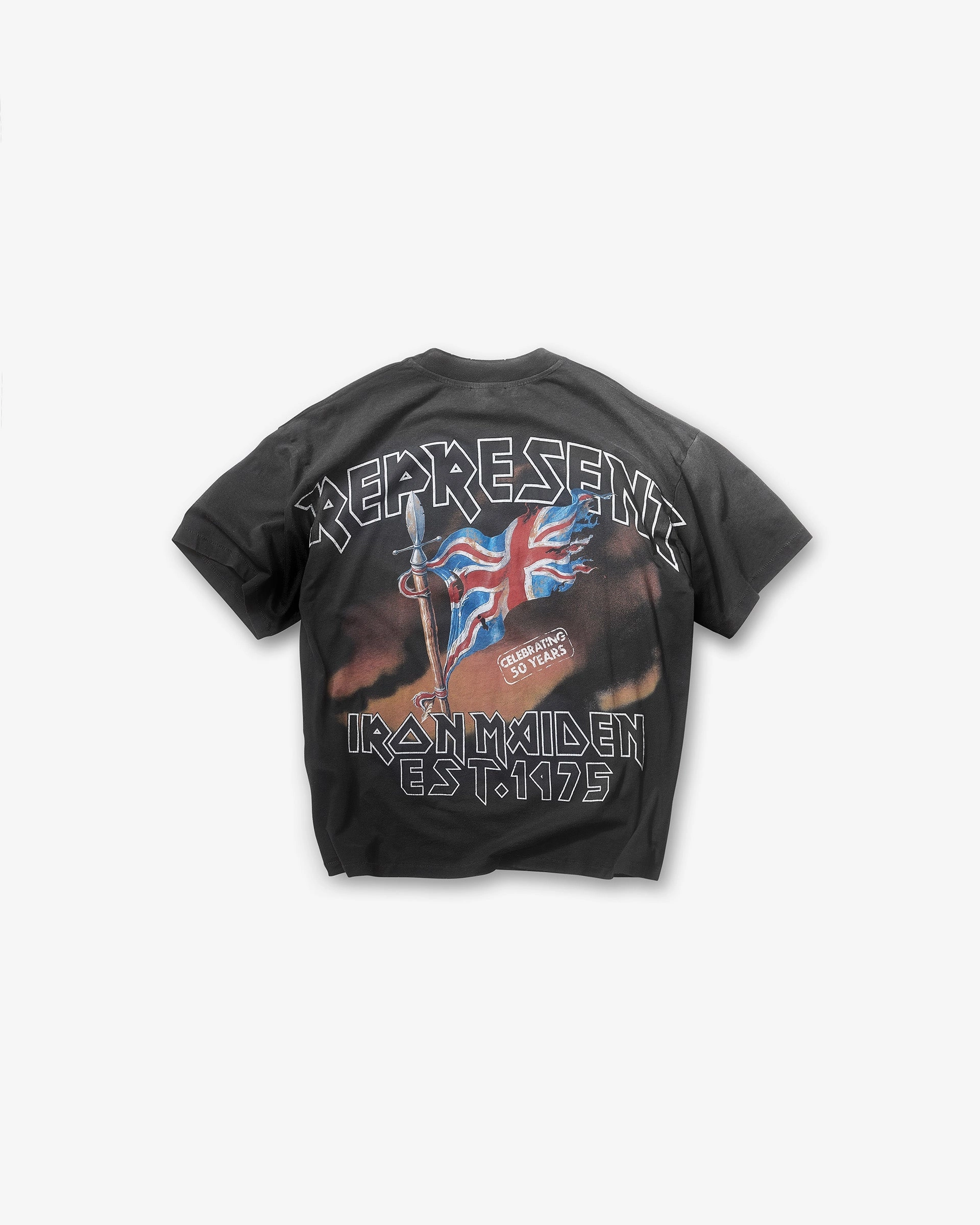 Yarn Dyed Stripes Breathable Material Represent X Iron Maiden Steed T-Shirt - Stained Black