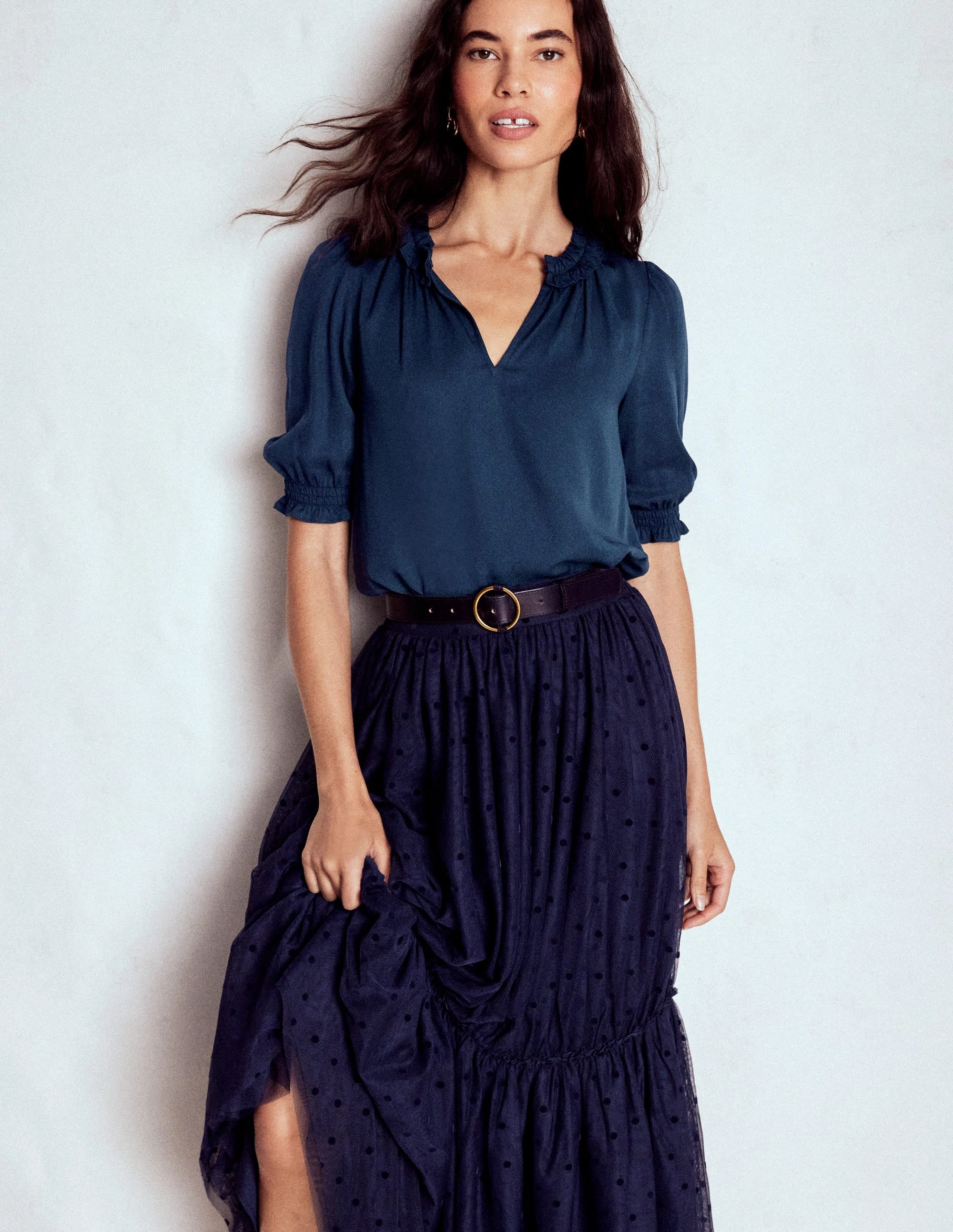 DropShoulderConstruction Ria Short Sleeve Top-Navy
