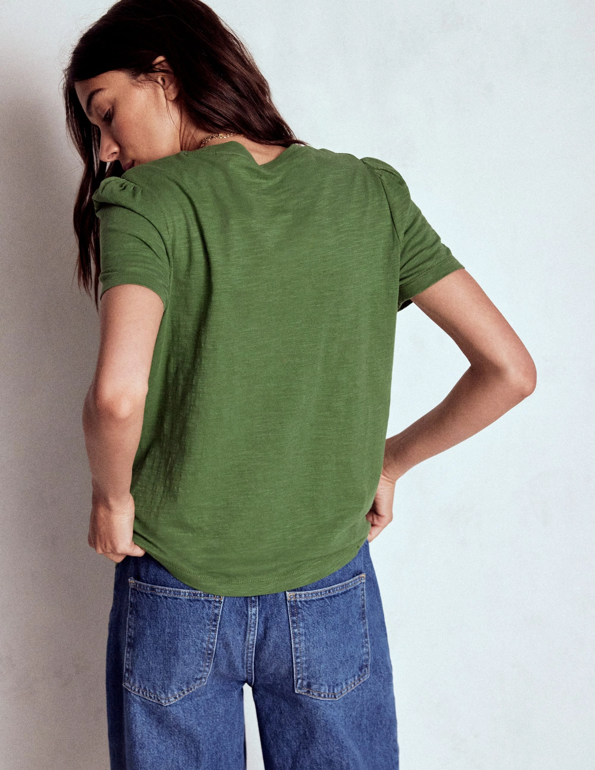 Abrasion Resistant Fabric Antistatic Cotton Puff Sleeve T-Shirt-Safari Green