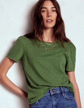Double Chest Pocket Cotton Puff Sleeve T-Shirt-Safari Green
