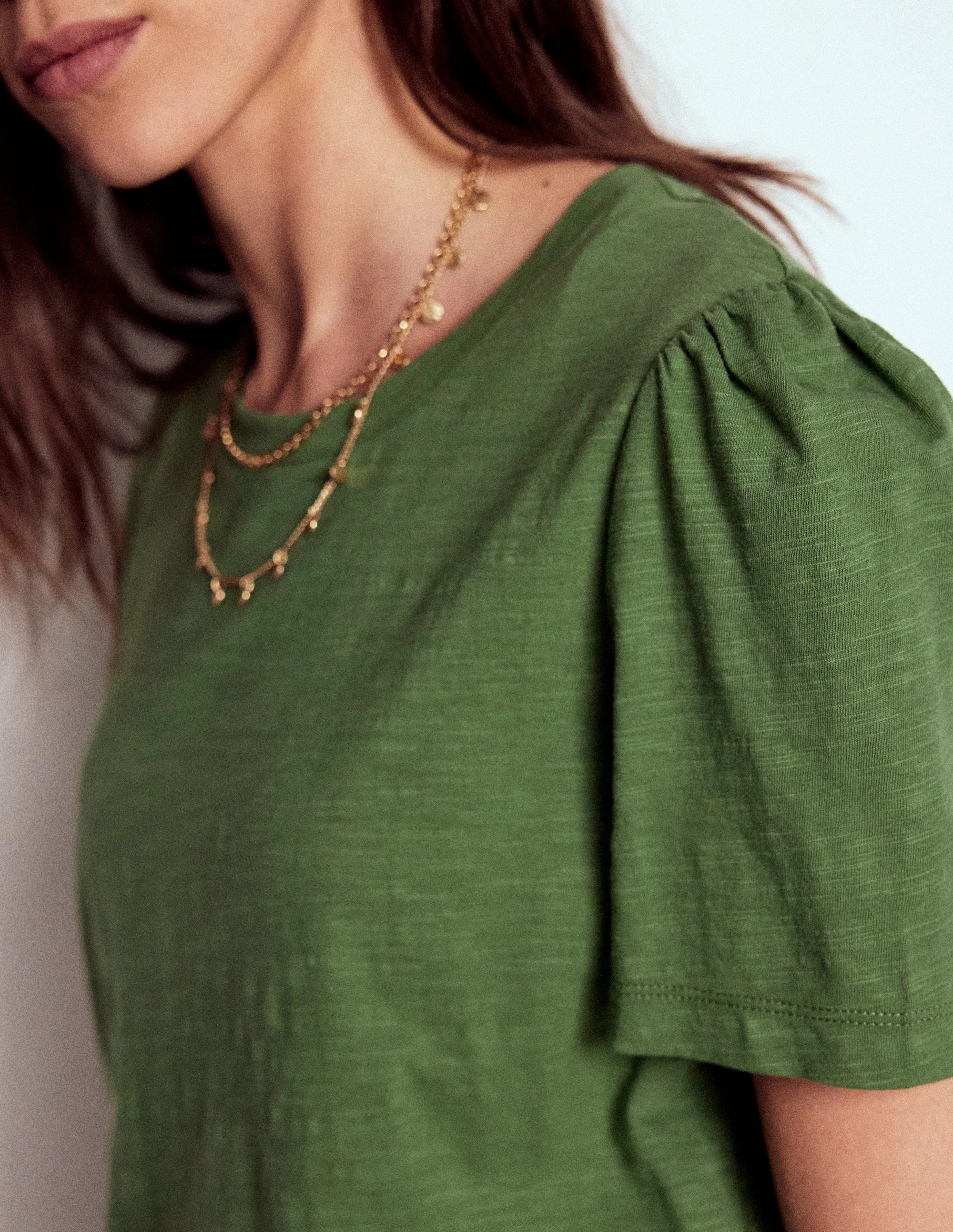 WideNeckOpening BondedSeams Cotton Puff Sleeve T-Shirt-Safari Green