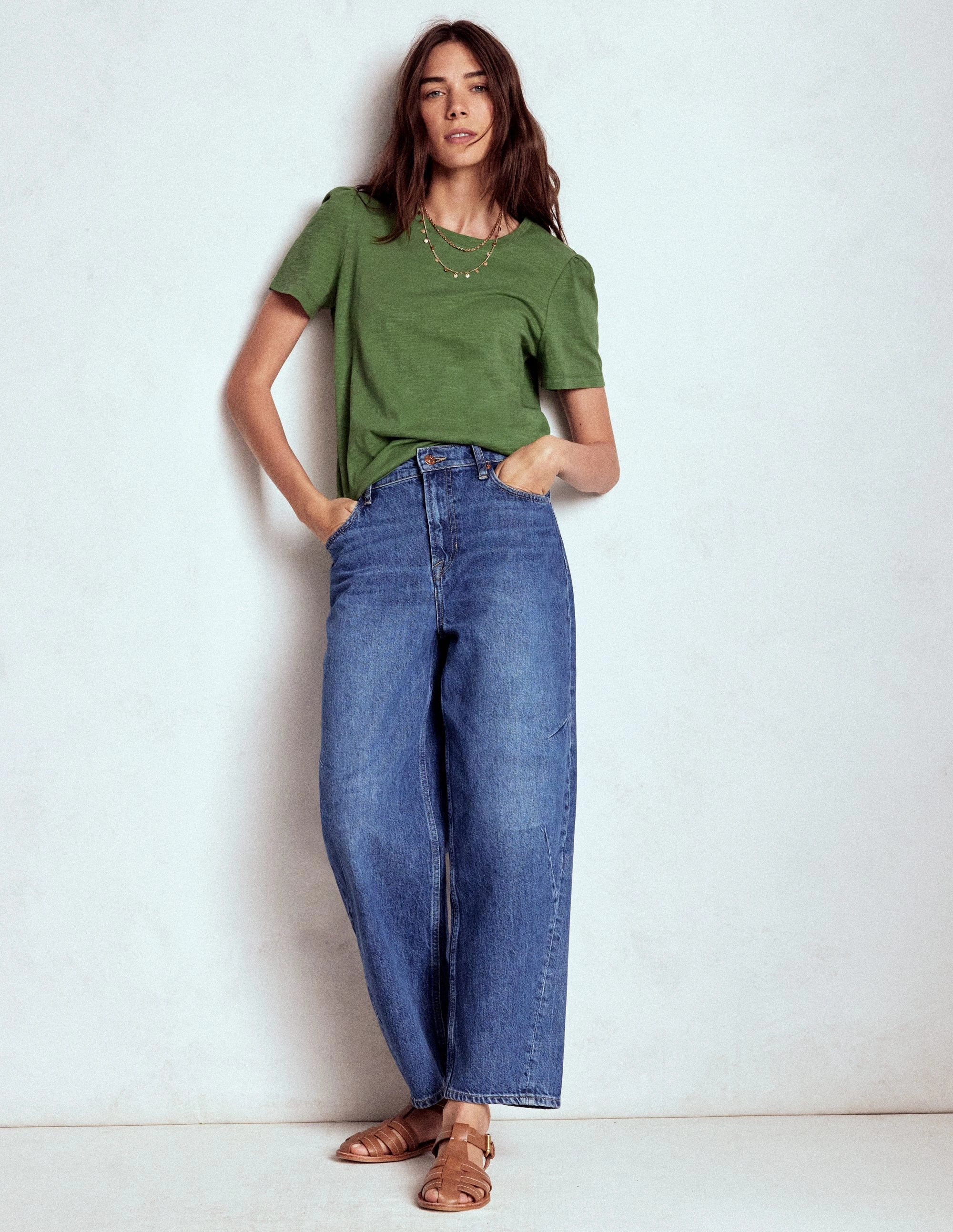 Cotton Puff Sleeve T-Shirt-Safari Green Wrinkle Resistant Texture