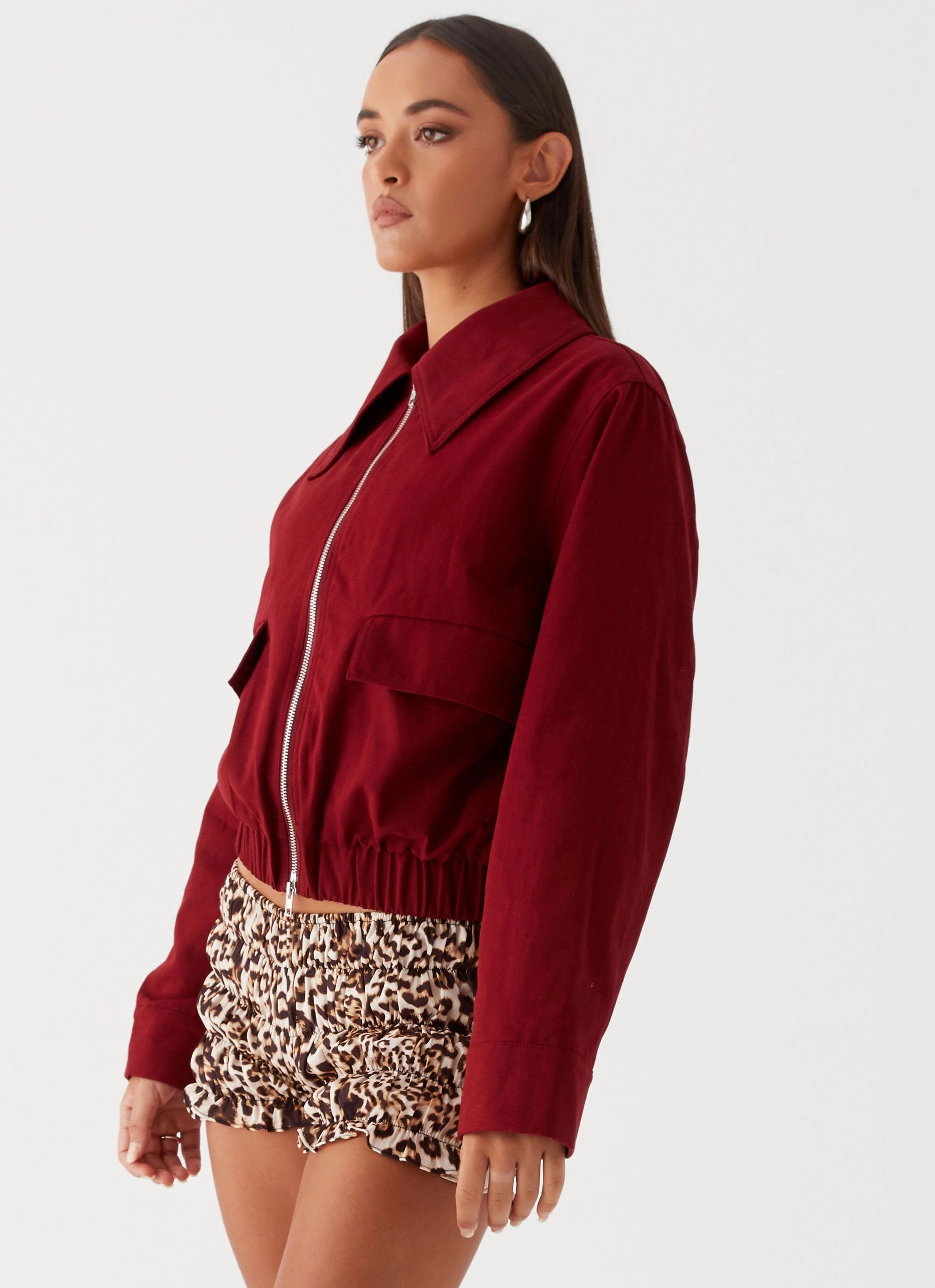 Right Direction Oversized Bomber Jacket - Deep Red High End Look