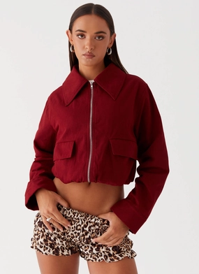 Right Direction Oversized Bomber Jacket - Deep Red Classic Zip Up