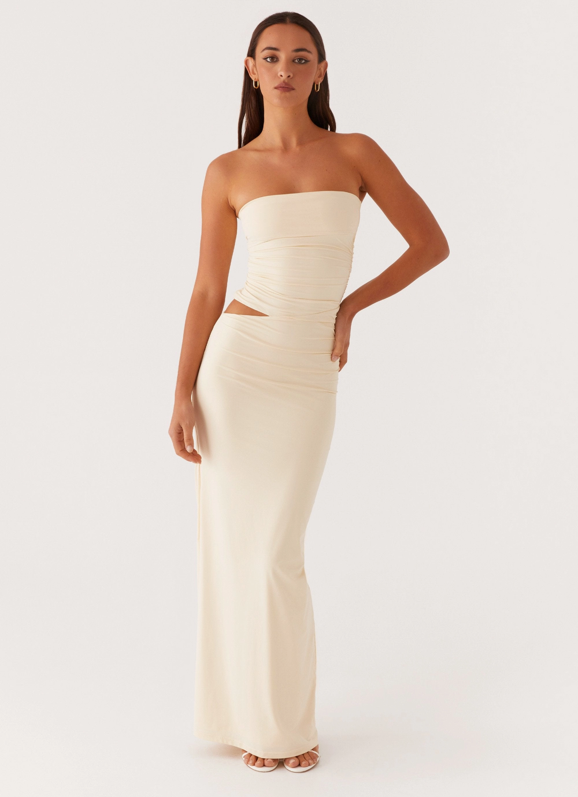 Romee Strapless Maxi Dress - Pastel Yellow Silky-Lining