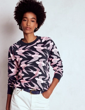 Breathable Material Basic Sweatshirt Rosa Printed Sweatshirt-Navy, Pink Swooping Swallow