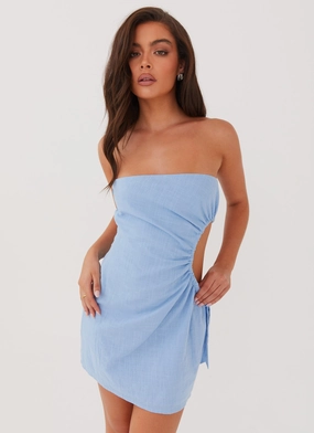 Rosella Linen Mini Dress - Blue Chic boho dress Back Glow