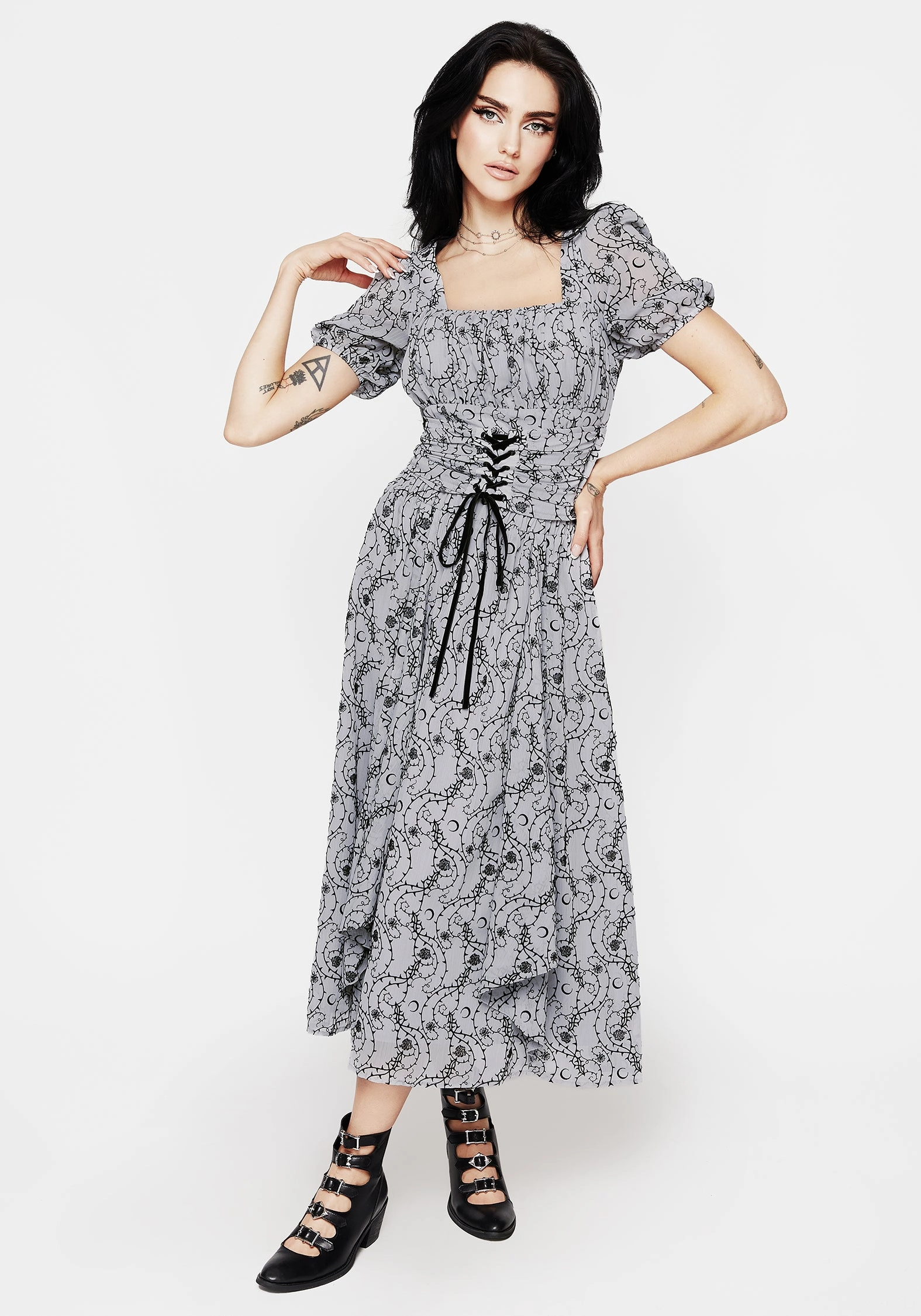 Budget Friendly Rosethorn Flocked Velour Chiffon Ruffle Midi Skirt - Blue
