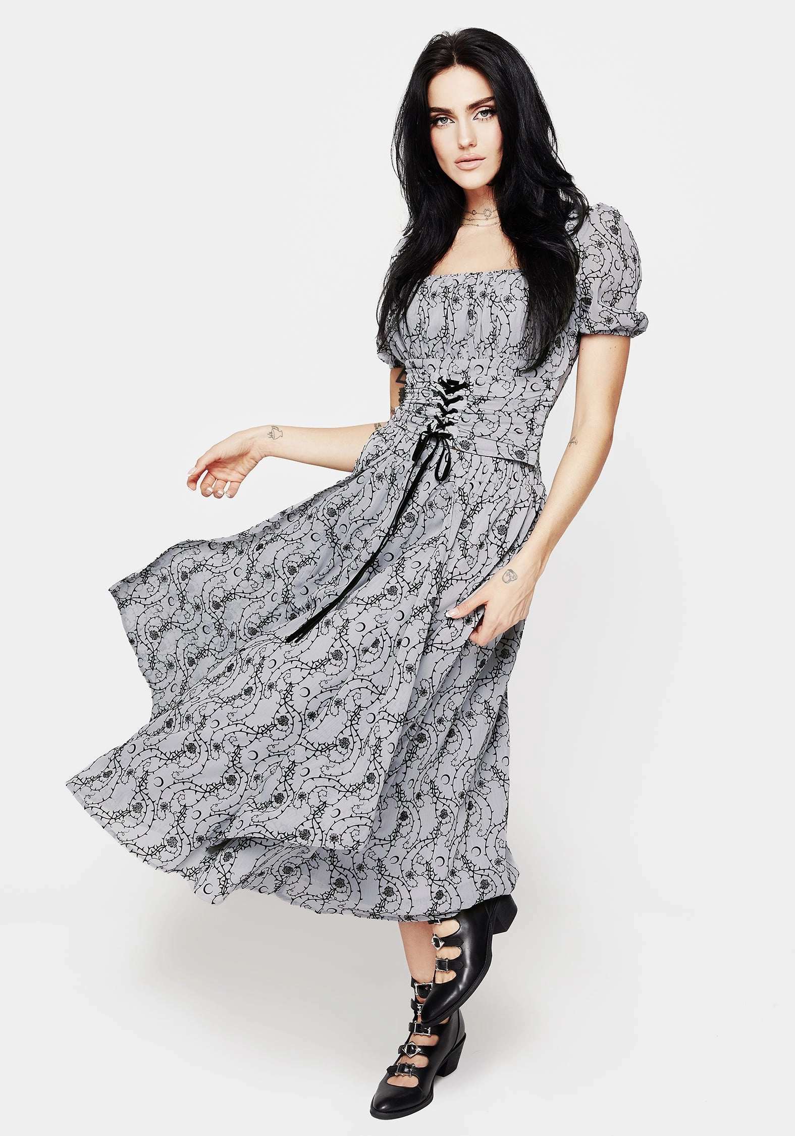 Draped Design Rosethorn Flocked Velour Chiffon Ruffle Midi Skirt - Blue