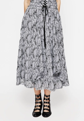 Rosethorn Flocked Velour Chiffon Ruffle Midi Skirt - Blue ruffle trim Weekend Fashion