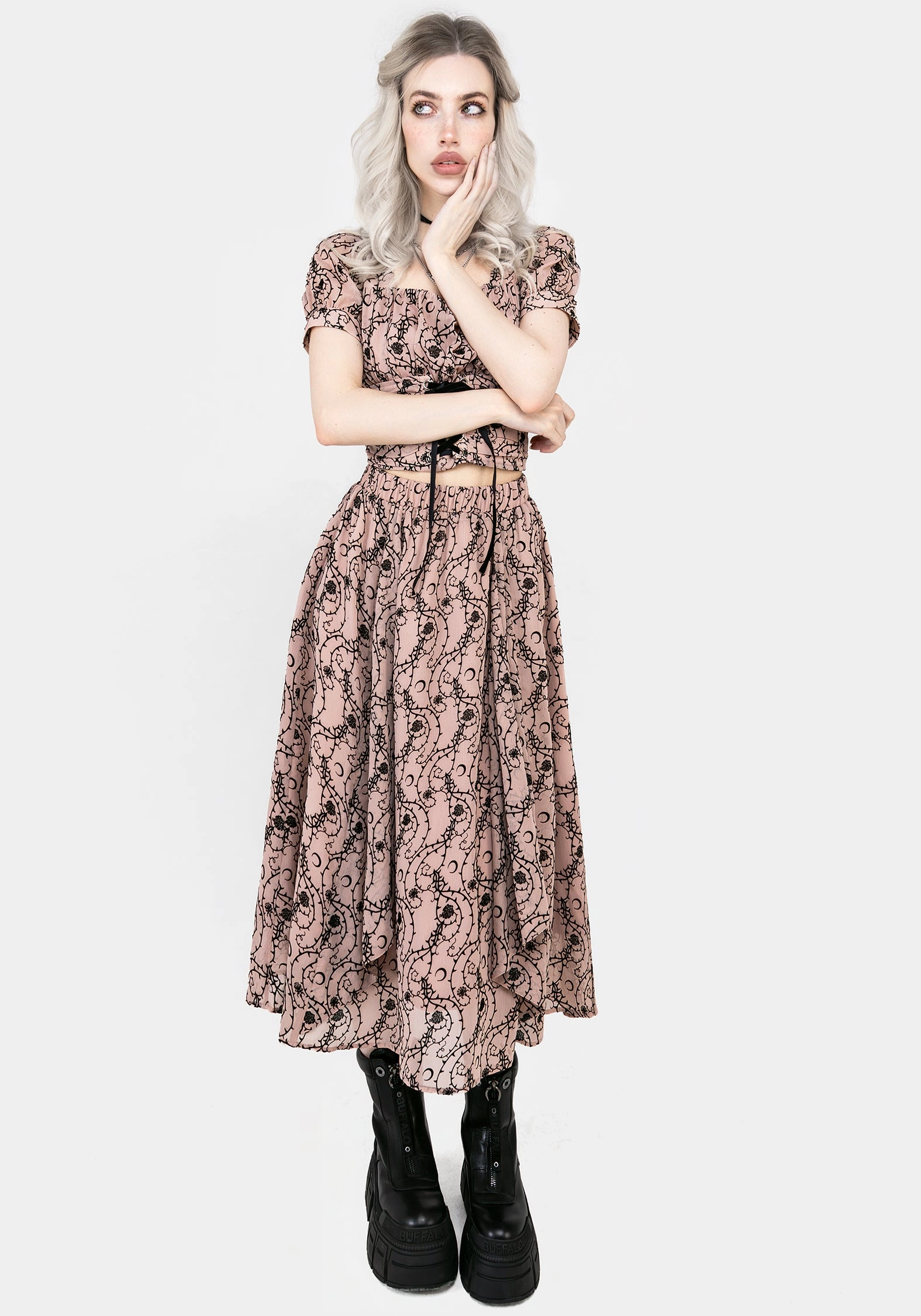 All Day Comfort Rosethorn Ruffle Midi Skirt