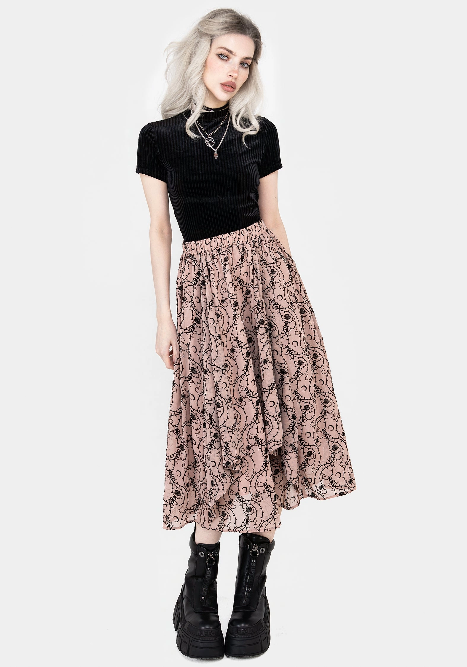 Teen Fashion Wrinkle Resistant Rosethorn Ruffle Midi Skirt