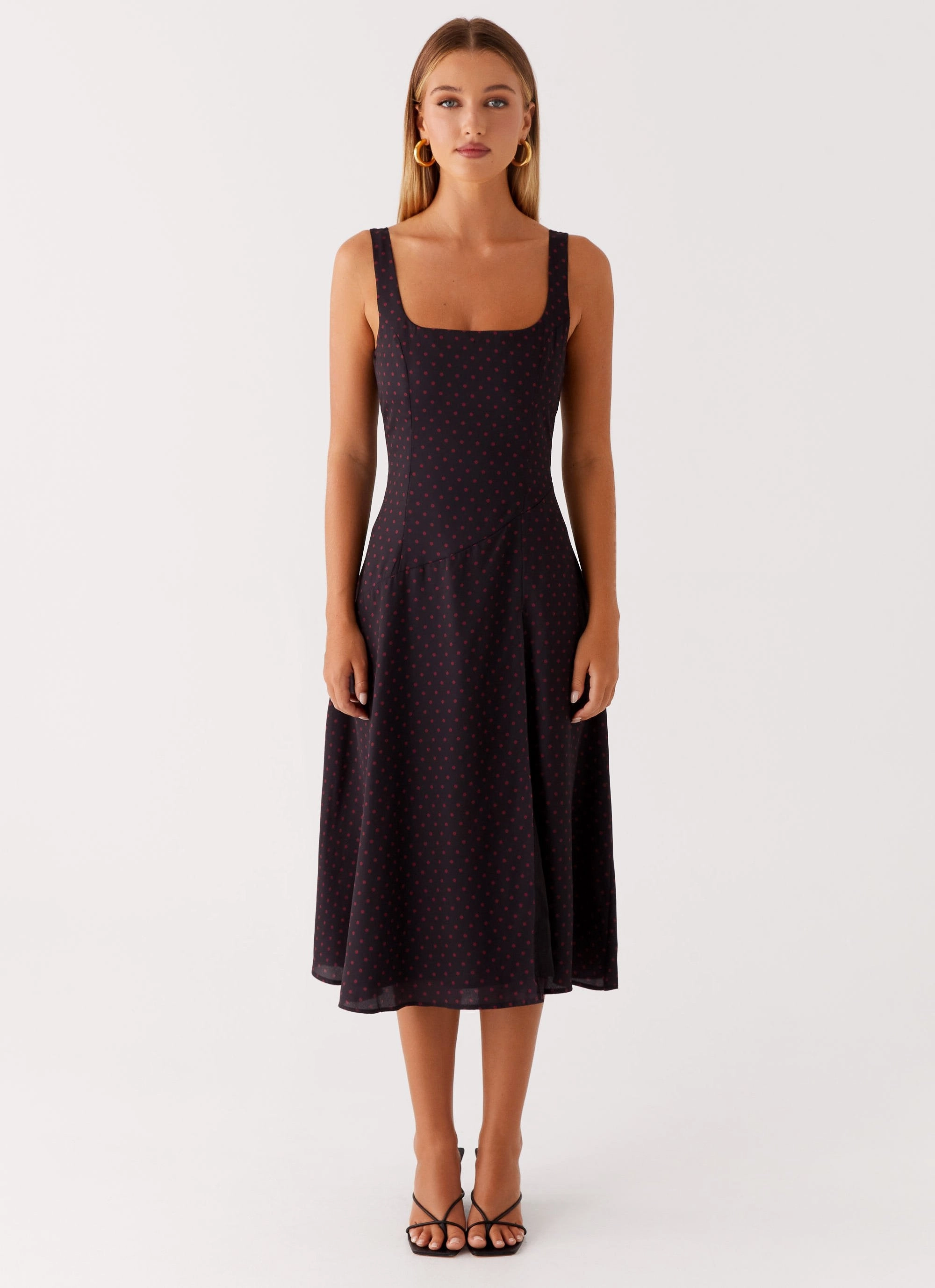 Rowyn Midi Dress - Black Polka Dot Flowing Layers