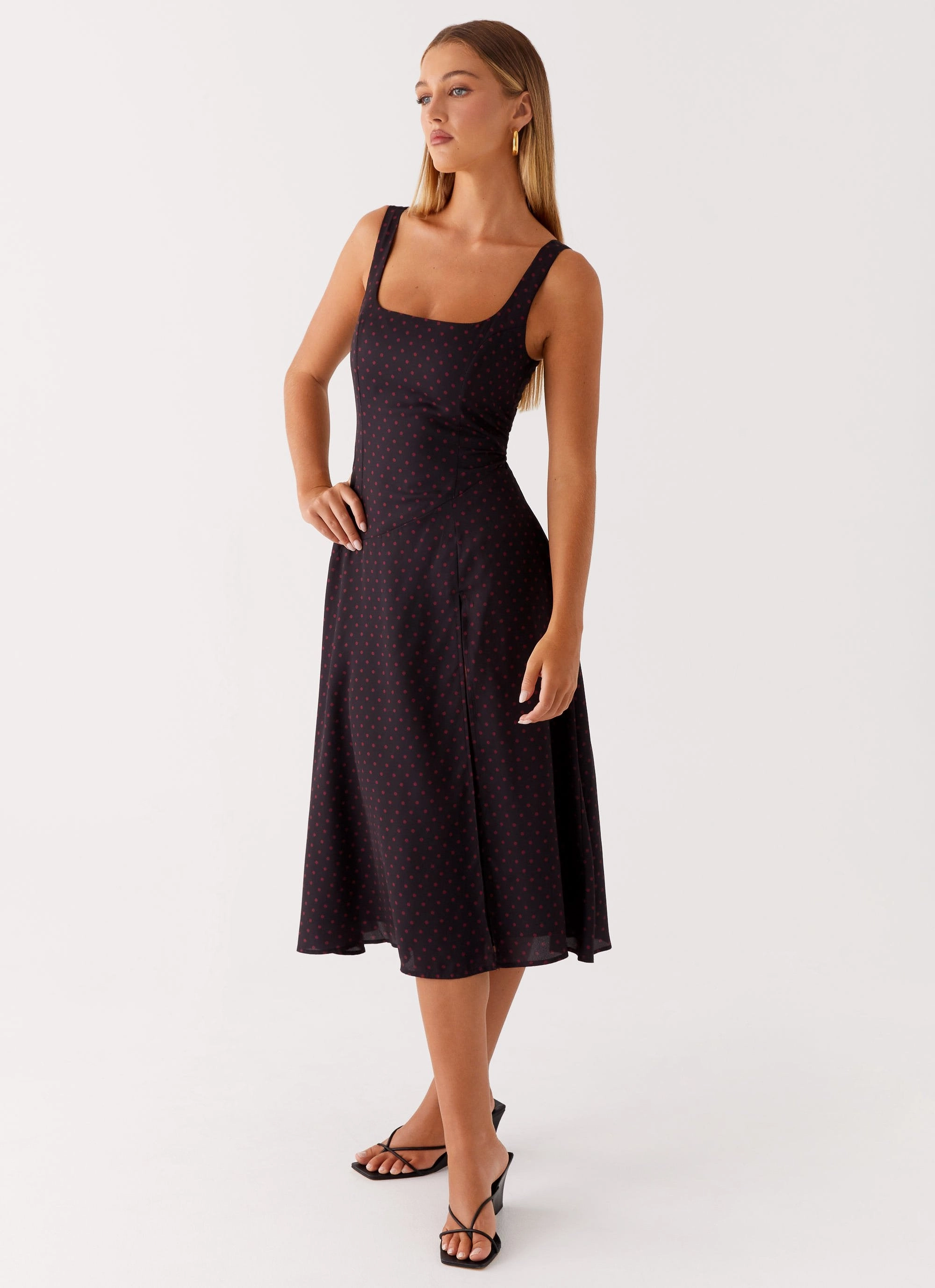 Rowyn Midi Dress - Black Polka Dot Silky Layer Casual Wear