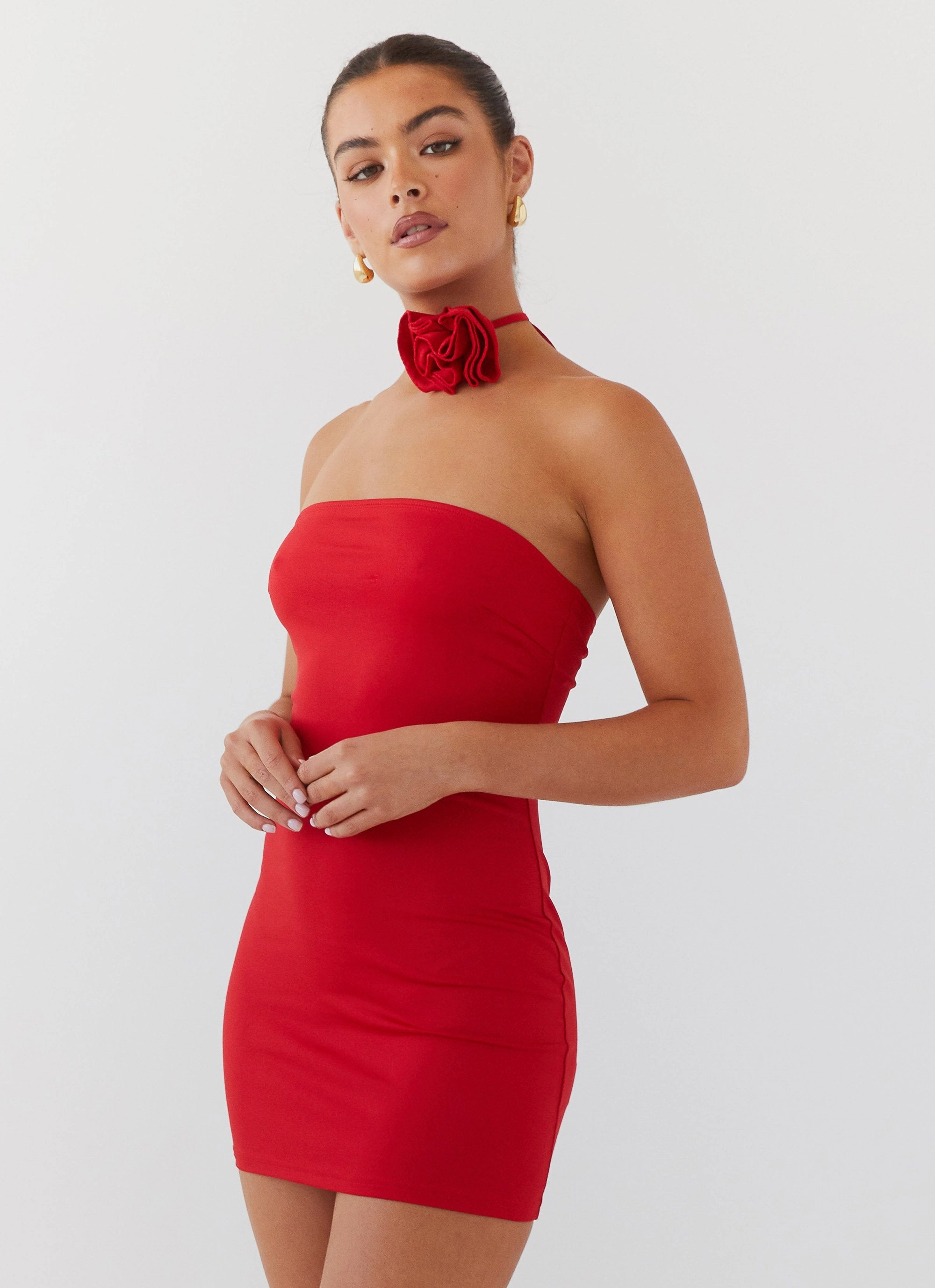 everyday staple Tailored Waistband Ruby Glamour Rose Mini Dress - Rouge Red