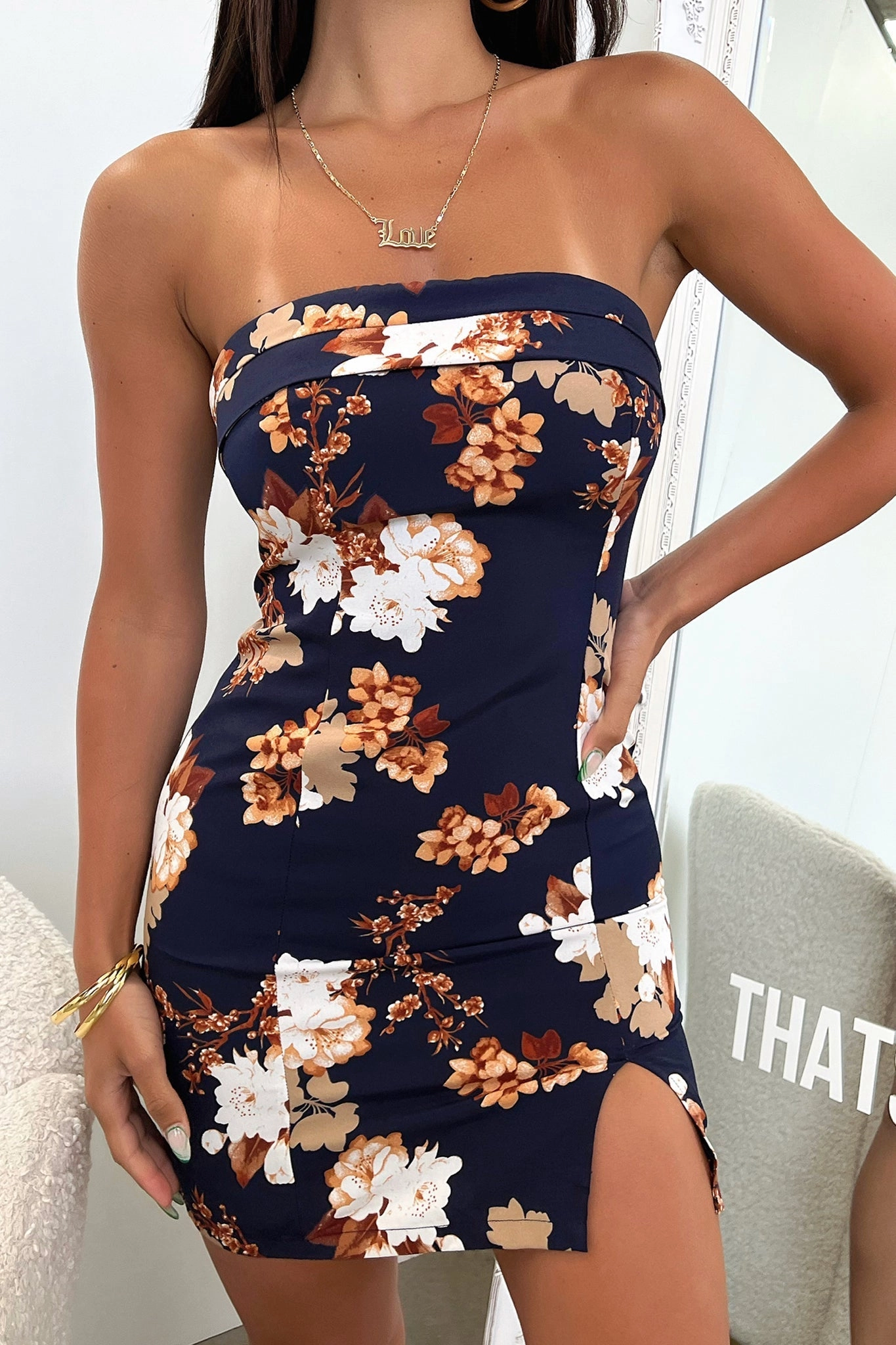 FadeResistantColor Satin-Finish Charms Dress - Navy Floral