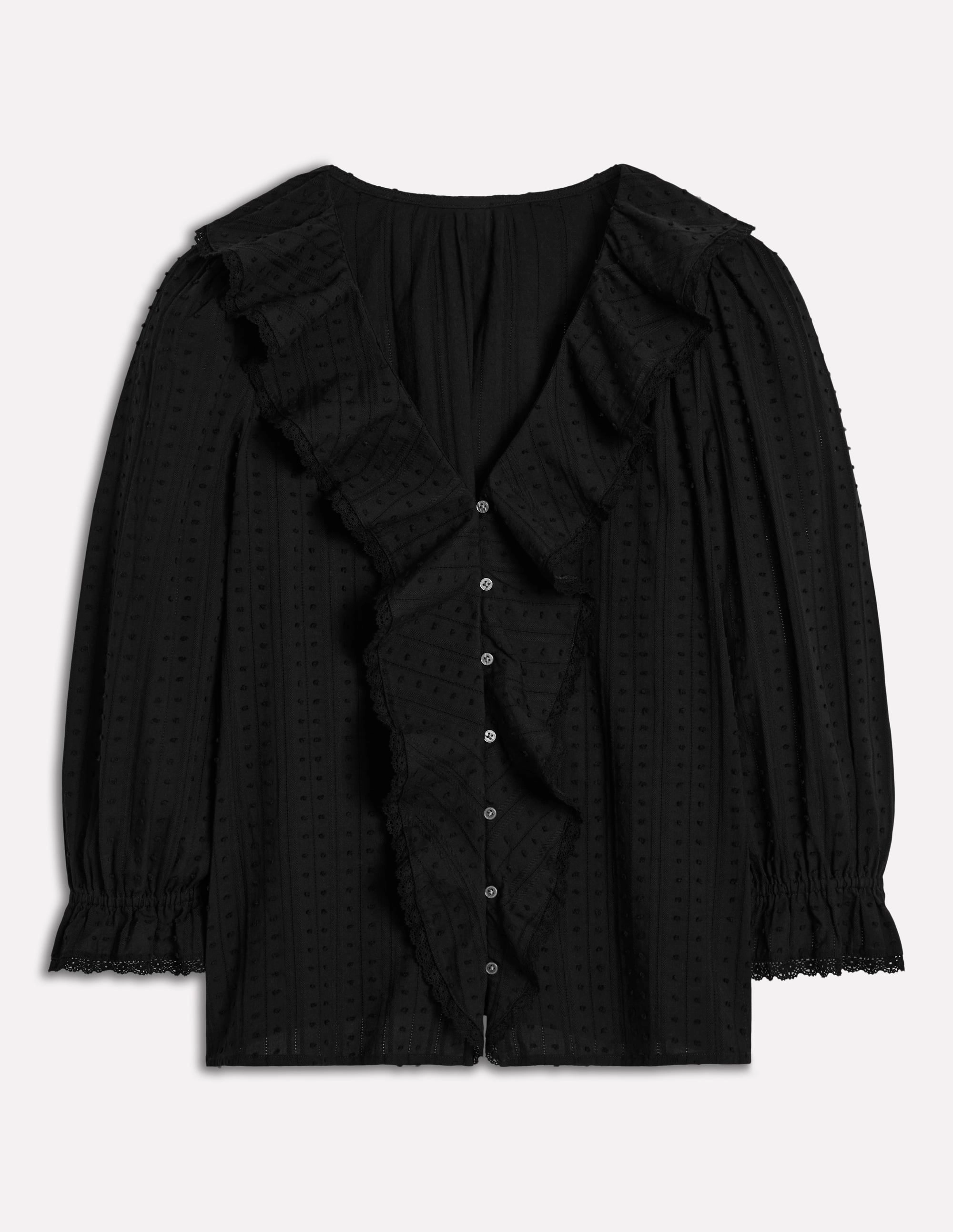 Ruffle V-Neck Blouse-Black Ribbed Trim Details Sporty Design