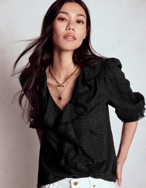 Ruffle V-Neck Blouse-Black Street Style EcoDyeProcess